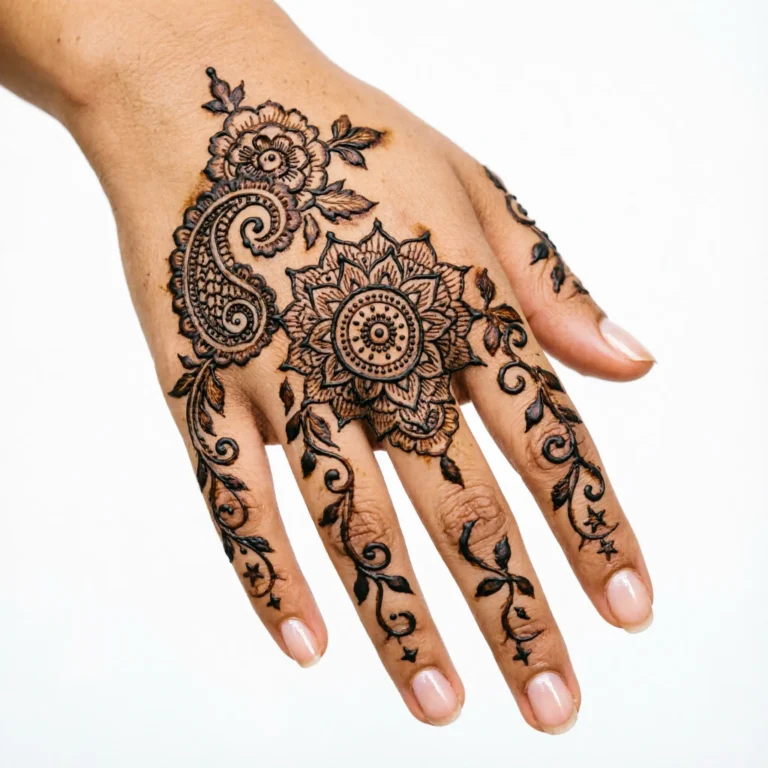 Simple beginner back hand mehndi design with elegant floral henna patterns