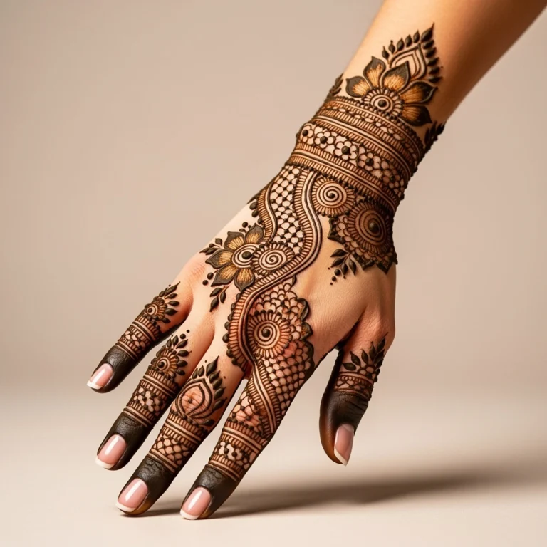Stylish back hand mehndi design with elegant floral henna patterns