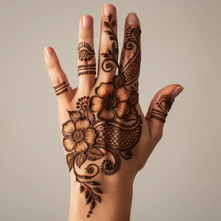 Stylish look back hand mehndi design with elegant floral henna patterns