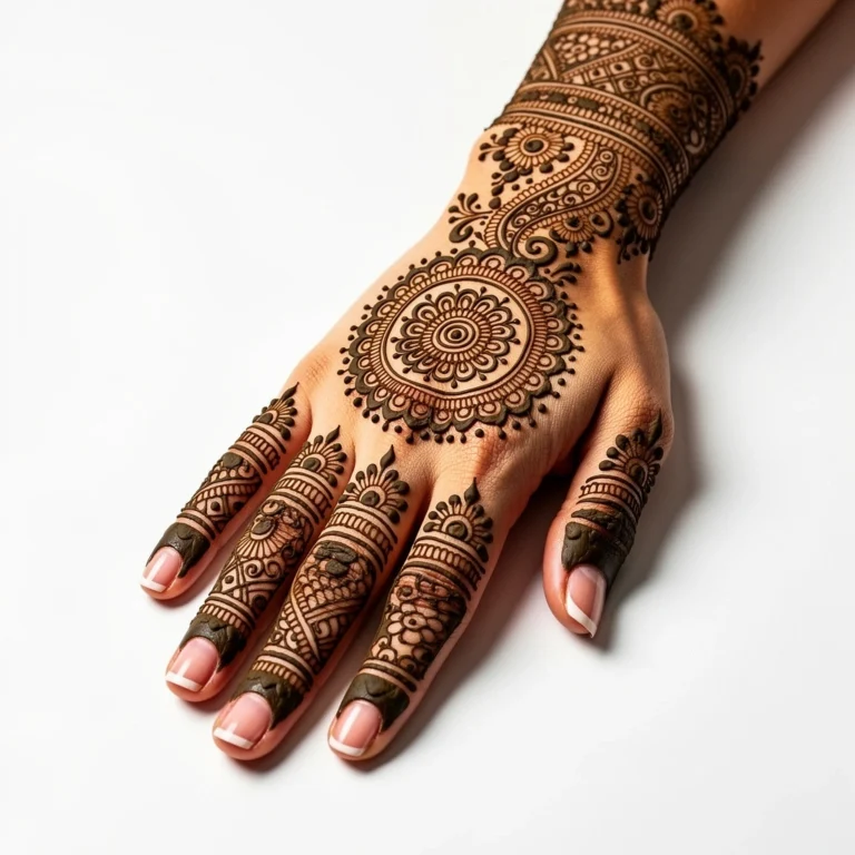 Traditional back hand mehndi design with elegant floral henna patterns