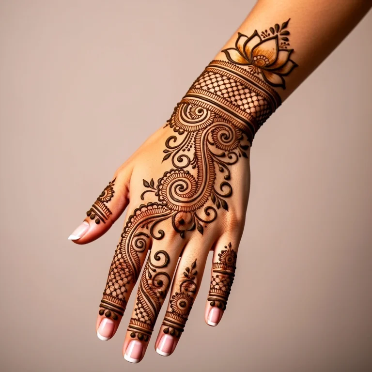 Trending back hand mehndi design with elegant floral henna patterns