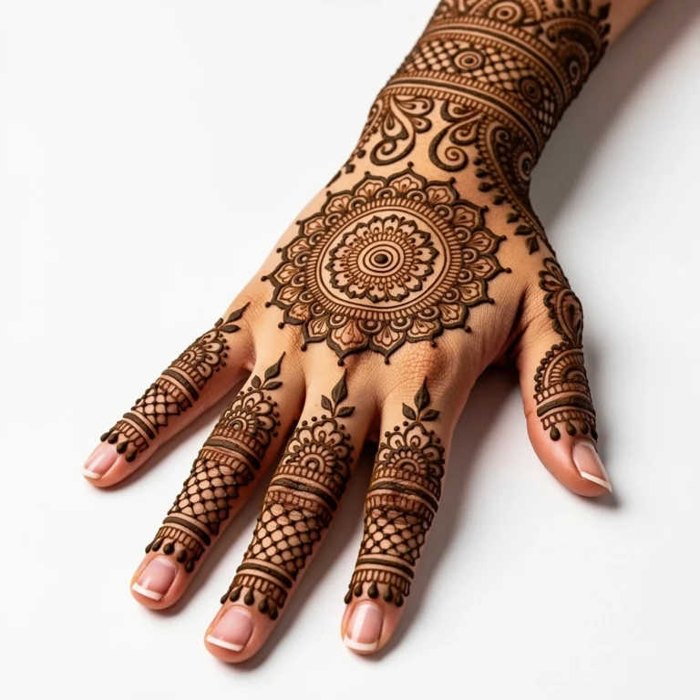 rendy look back hand mehndi design with elegant floral henna patterns