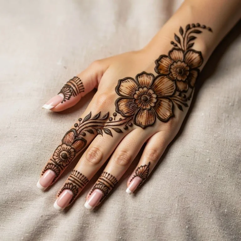 Unique pattern back hand mehndi design with elegant floral henna artwork
