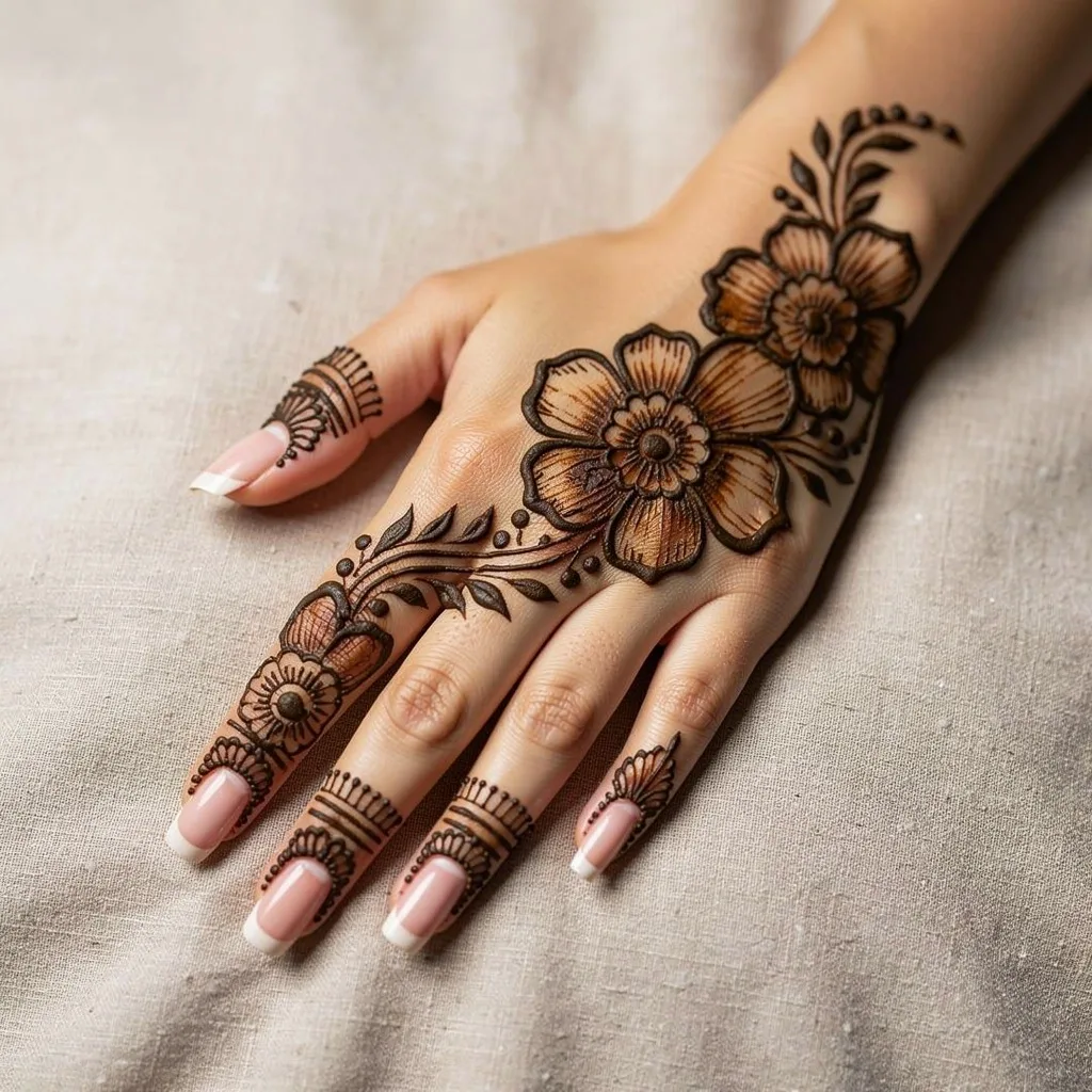 Unique pattern back hand mehndi design with elegant floral henna artwork