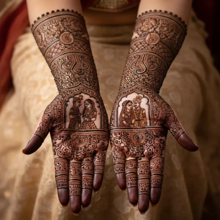 Elegant Arabic bridal mehndi design featuring detailed hand henna artwork