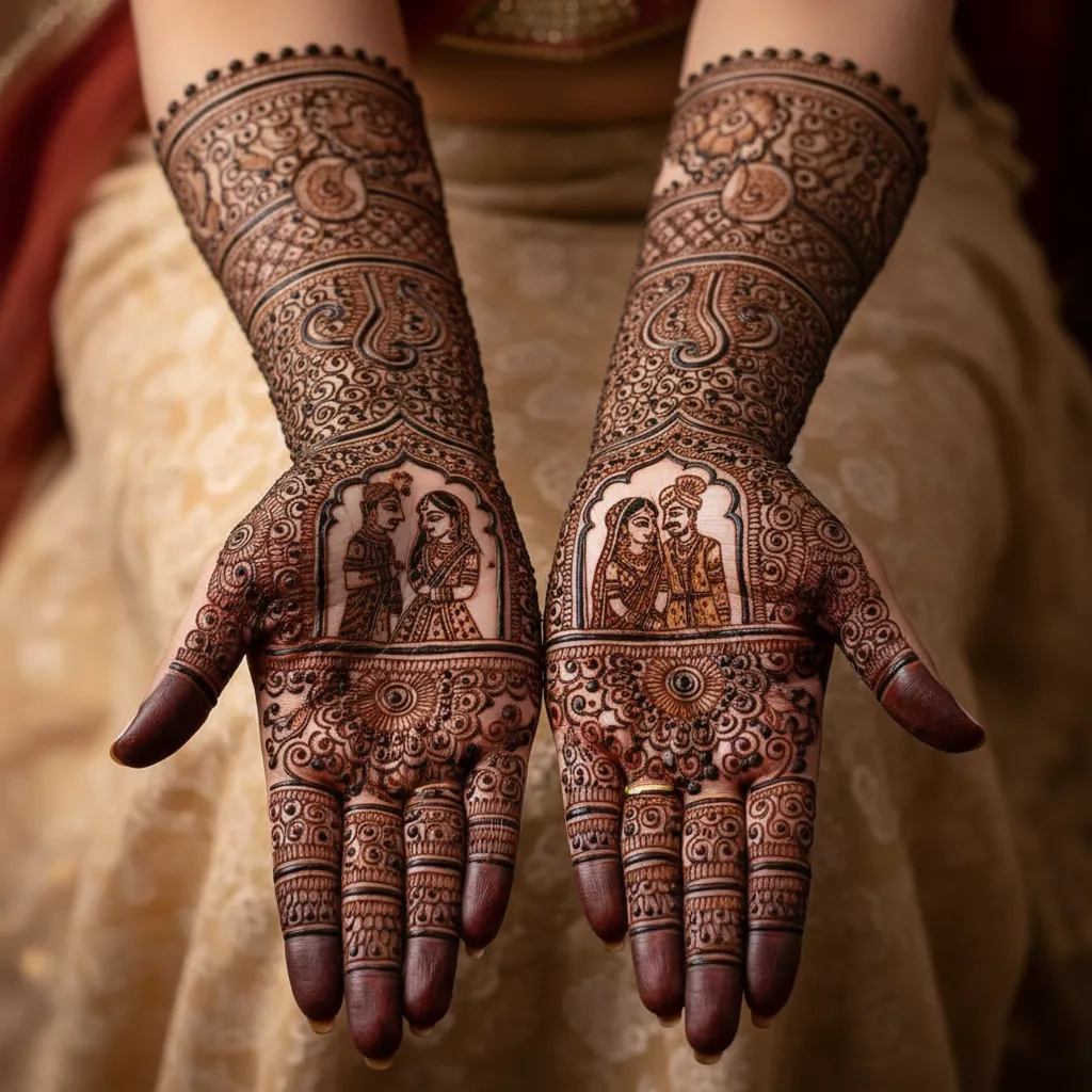 Elegant Arabic bridal mehndi design featuring detailed hand henna artwork