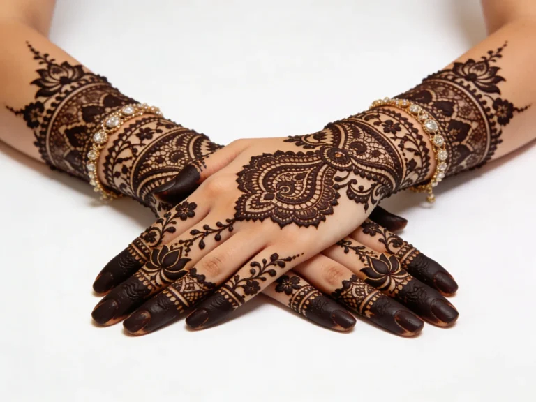 Bridal mehndi design with intricate floral and traditional henna patterns