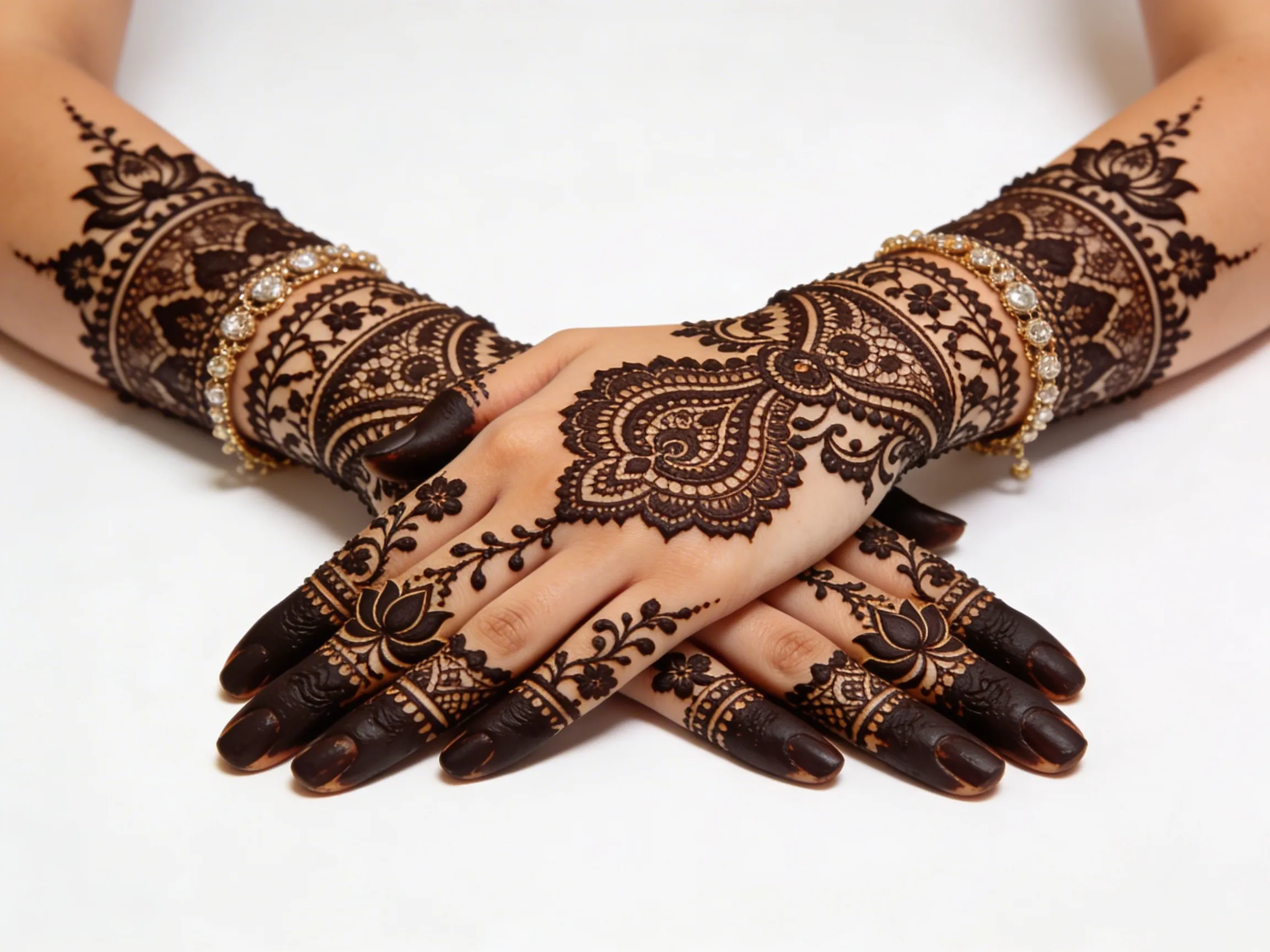 Bridal mehndi design with intricate floral and traditional henna patterns