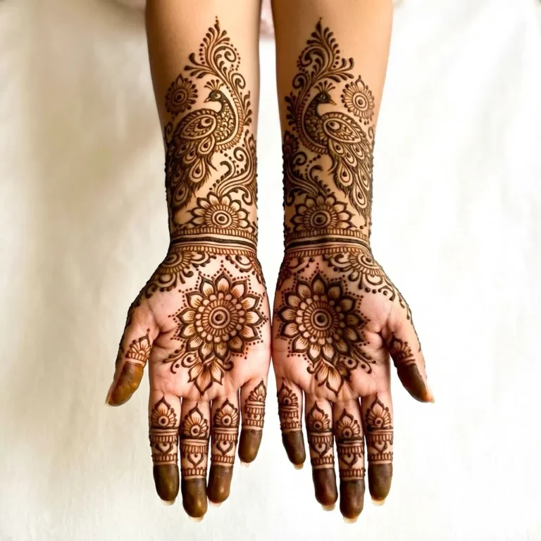 Classic bridal mehndi design with intricate floral and paisley henna patterns