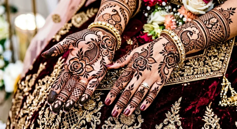 Stylish bridal Eid mehndi design showcasing intricate floral and ornamental henna artwork