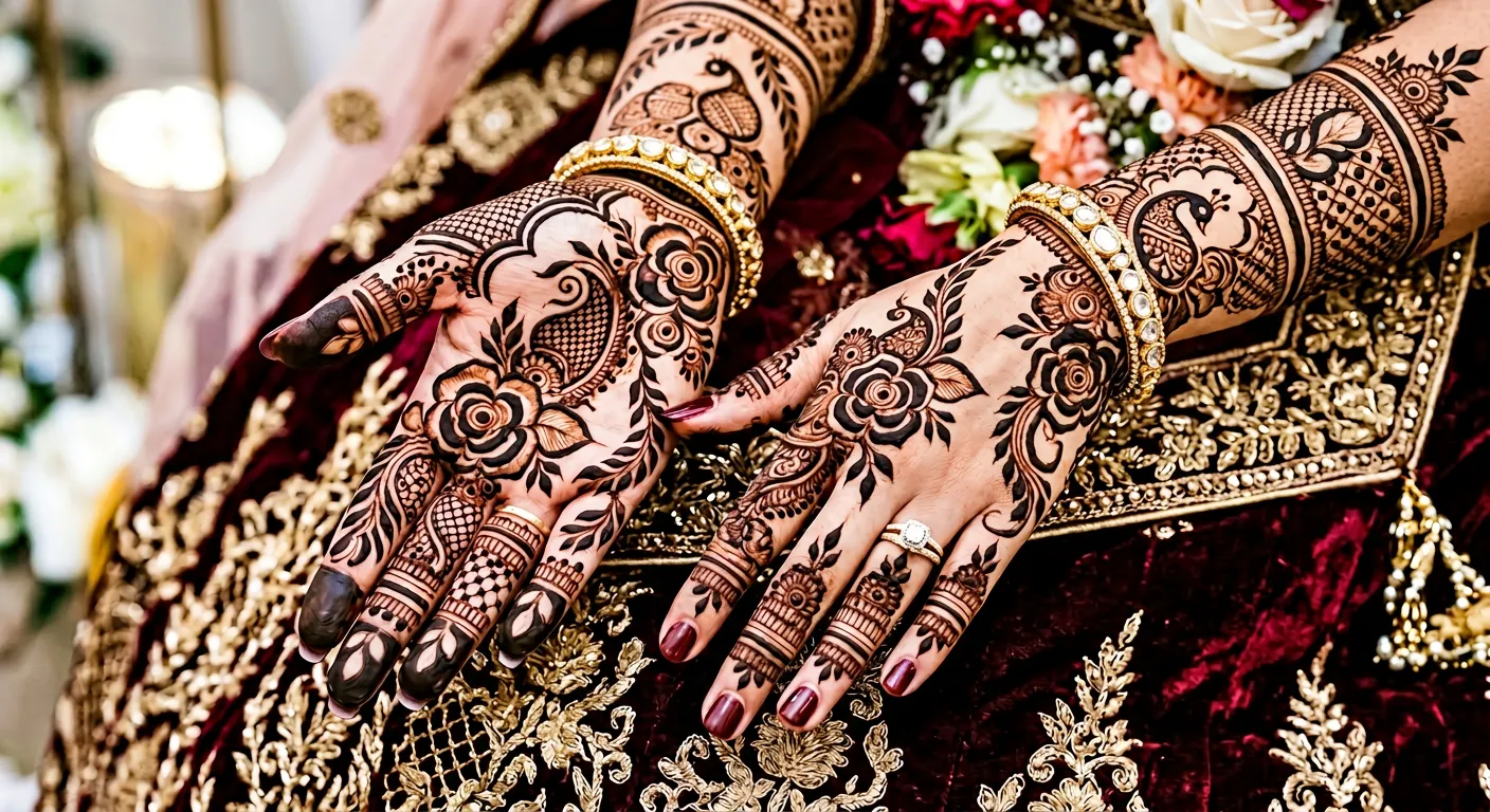 Stylish bridal Eid mehndi design showcasing intricate floral and ornamental henna artwork