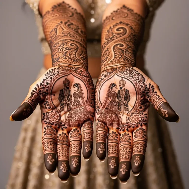 Elegant bridal mehndi design with intricate floral and paisley henna patterns