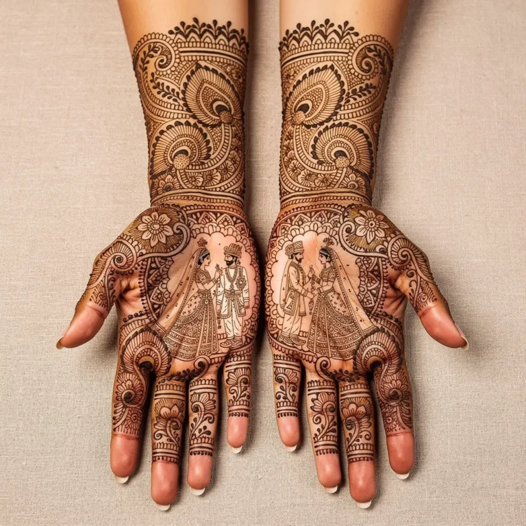 Beautiful bridal mehndi design featuring an elegant look with detailed henna artwork