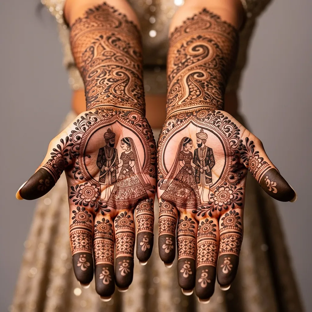 Elegant bridal mehndi design with intricate floral and paisley henna patterns