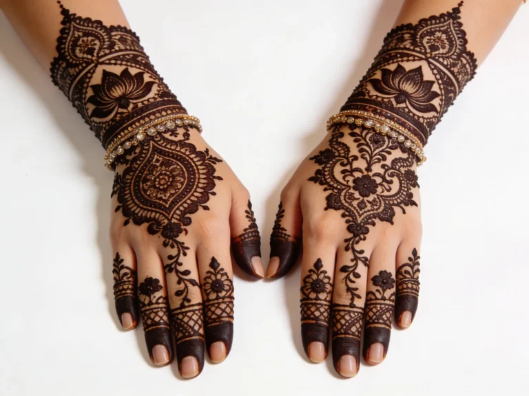 Bridal engagement special mehndi design with elegant floral henna patterns