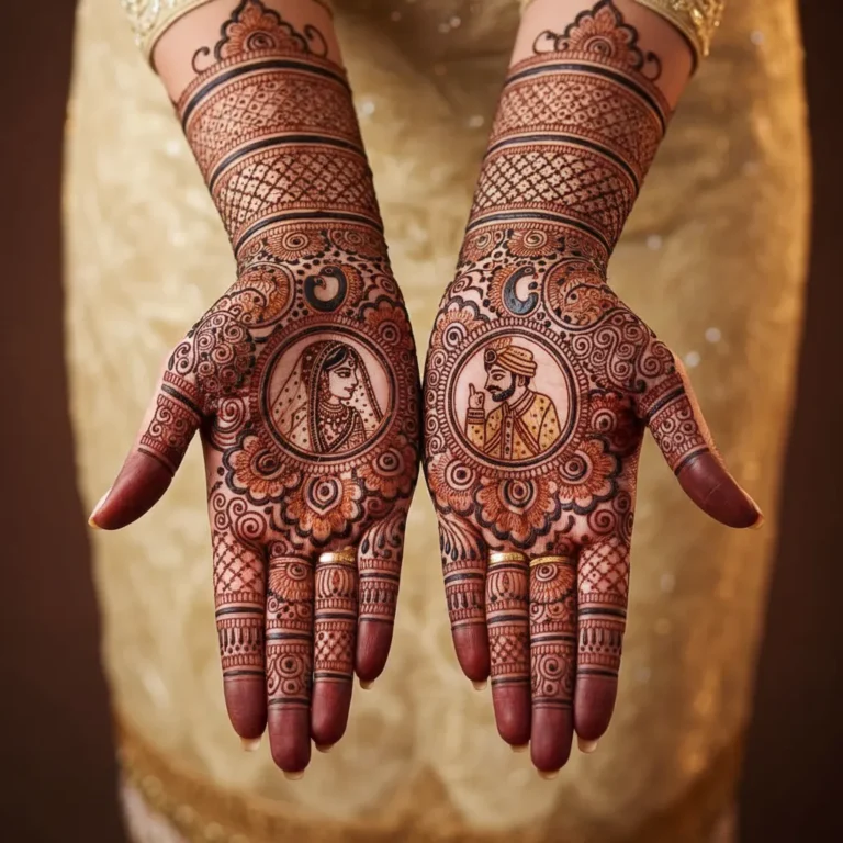 Beautiful ethnic bridal mehndi design featuring traditional floral and paisley henna artwork