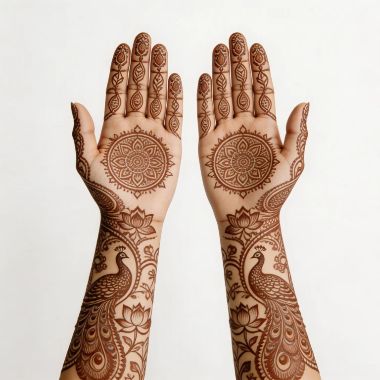 Stylish bridal floral mehndi design with luxurious wedding henna artwork