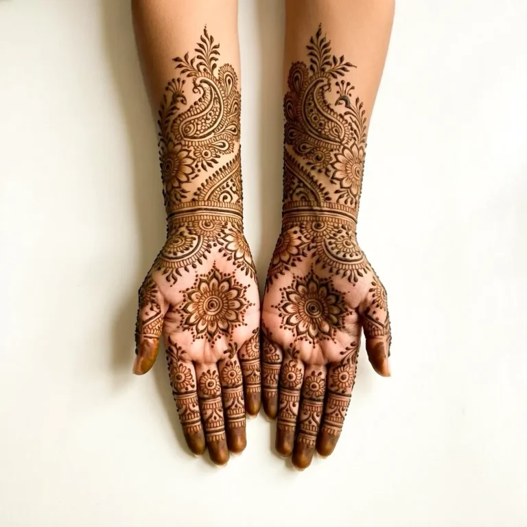 Beautiful bridal flower pattern mehndi design featuring detailed floral henna motifs