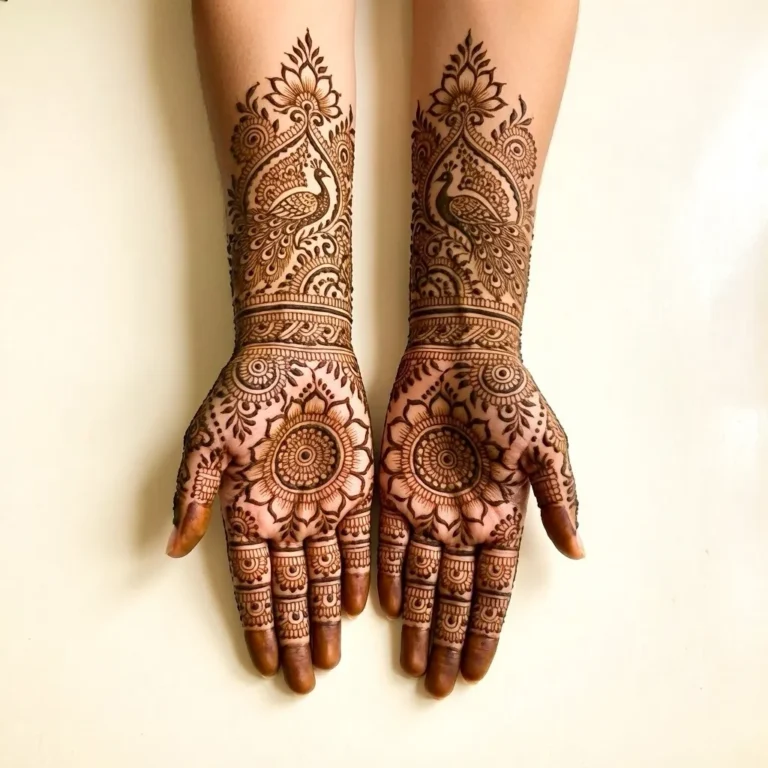 Bridal front hand mehndi design with elegant floral henna patterns