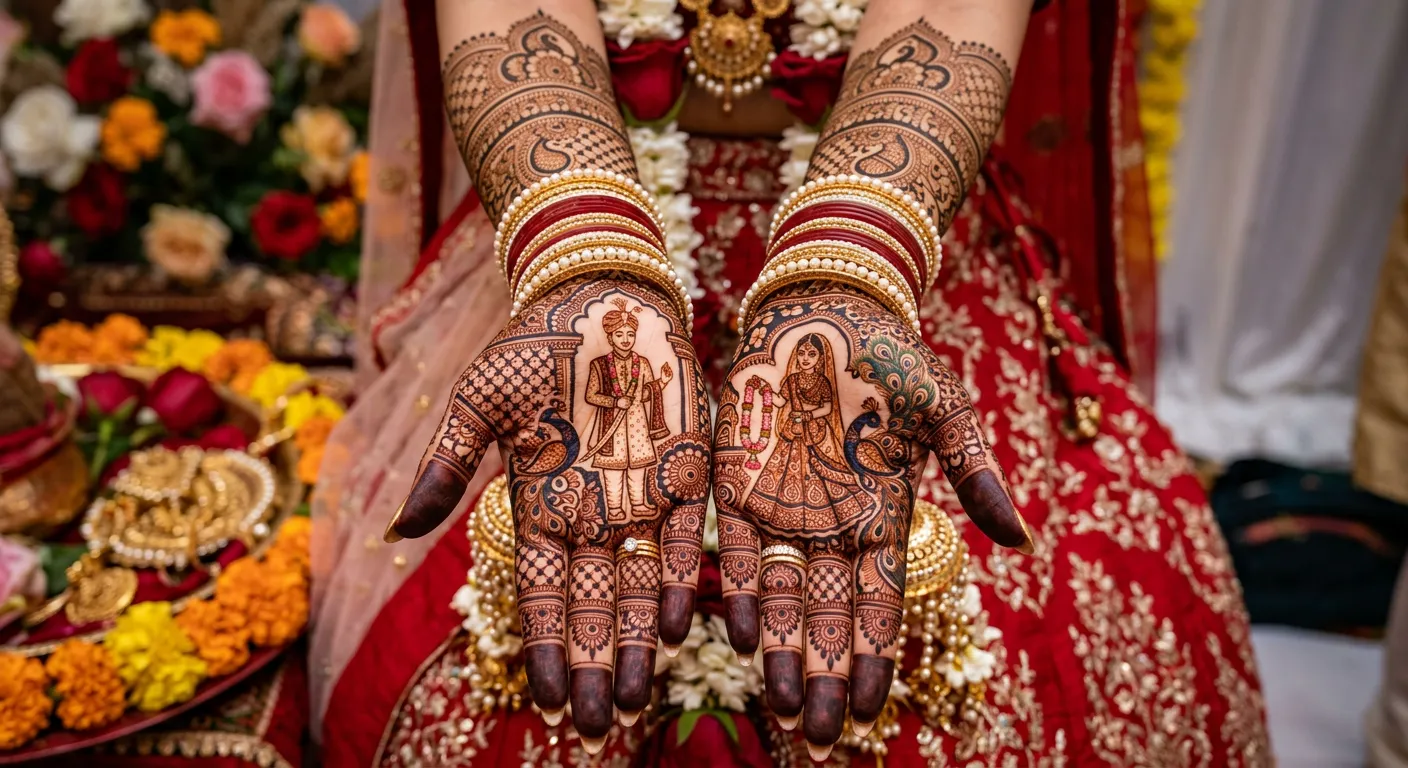 Beautiful bridal mehndi design featuring full coverage wedding henna artwork