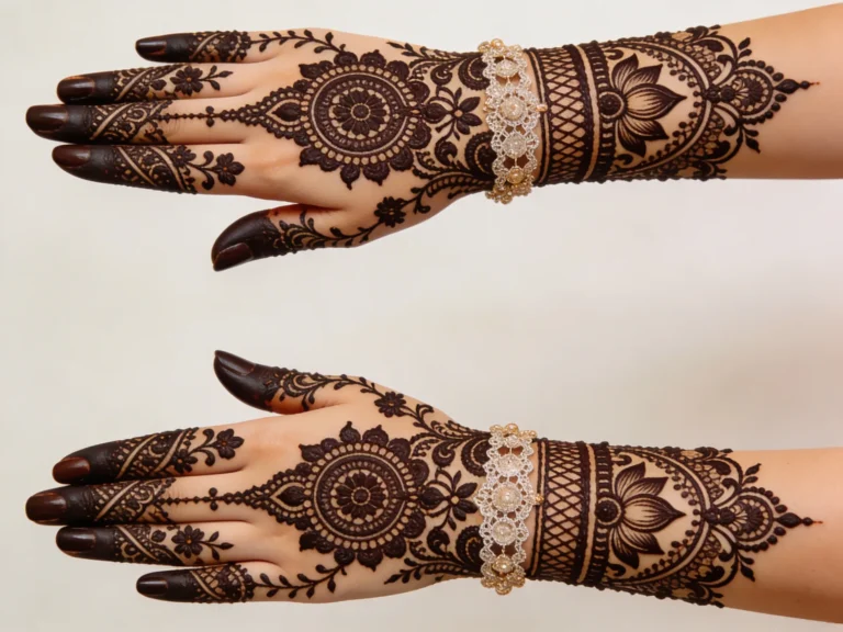 Elegant bridal mehndi design for full hands with detailed floral and ornamental motifs