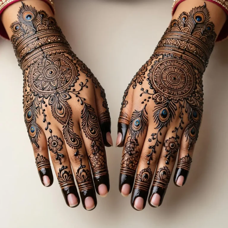 Bridal mehndi design with half coverage featuring artistic floral and paisley henna motifs