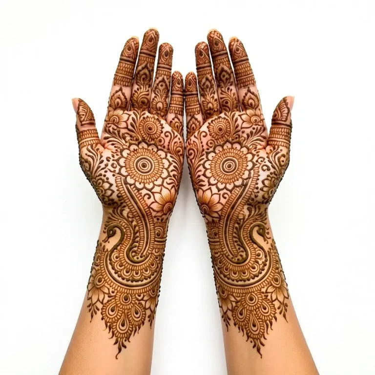 Beautiful bridal hand art featuring intricate floral mehndi design for weddings