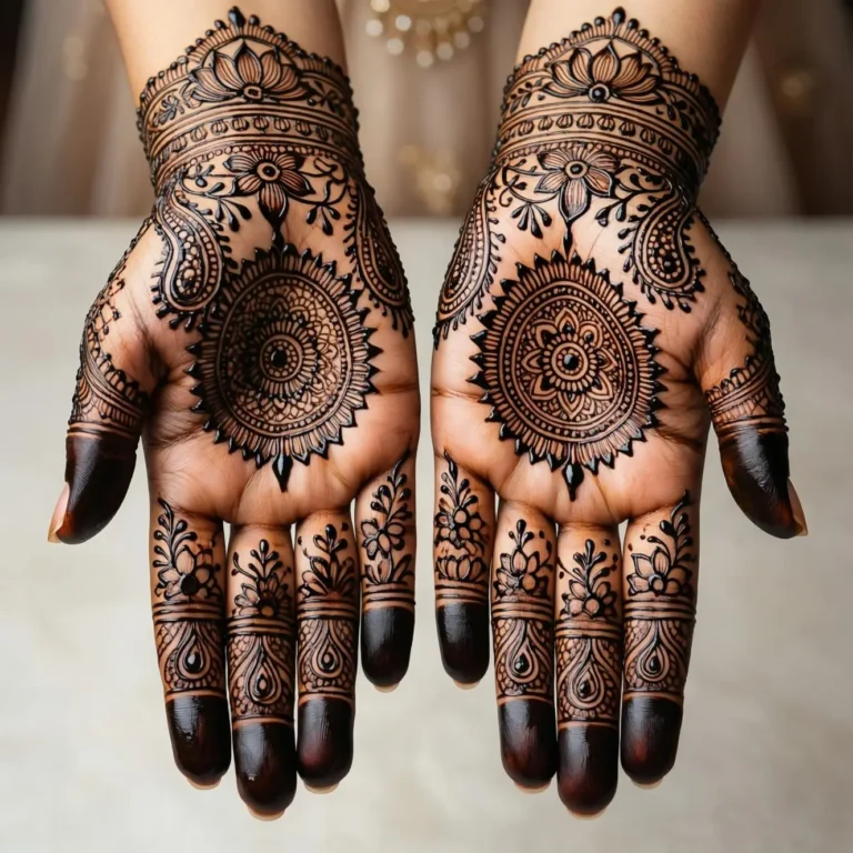 Bridal hand decoration mehndi design with elegant floral henna patterns