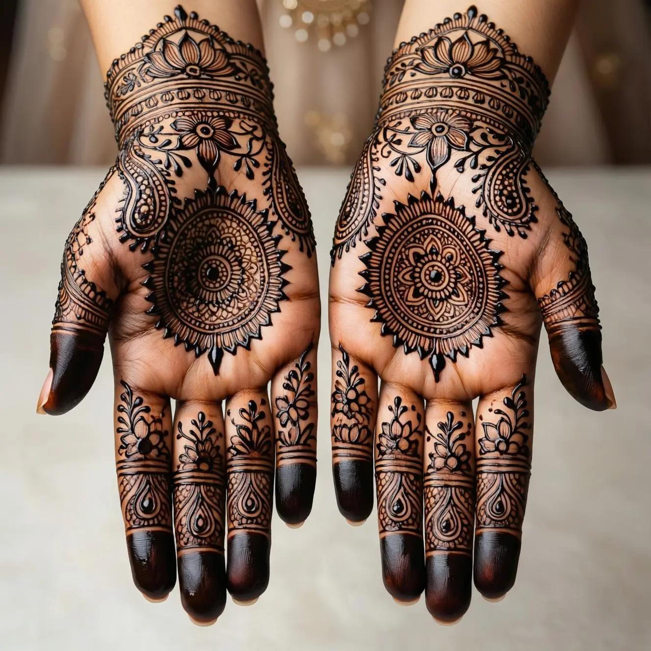Bridal hand decoration mehndi design with elegant floral henna patterns