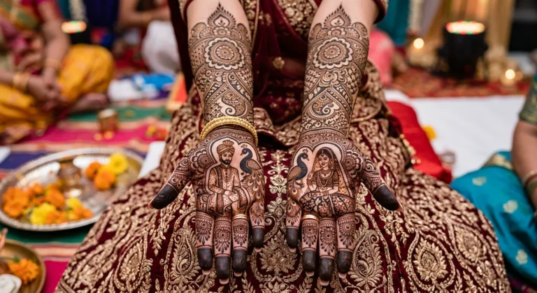 Indian bridal mehndi design with elegant floral and paisley henna patterns