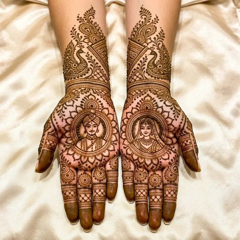 Bridal mehndi design with elegant jewelry pattern and floral henna artwork