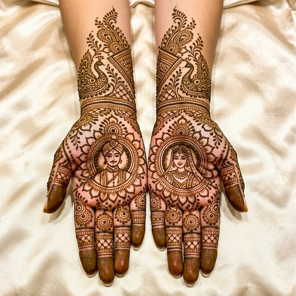 Bridal mehndi design with elegant jewelry pattern and floral henna artwork