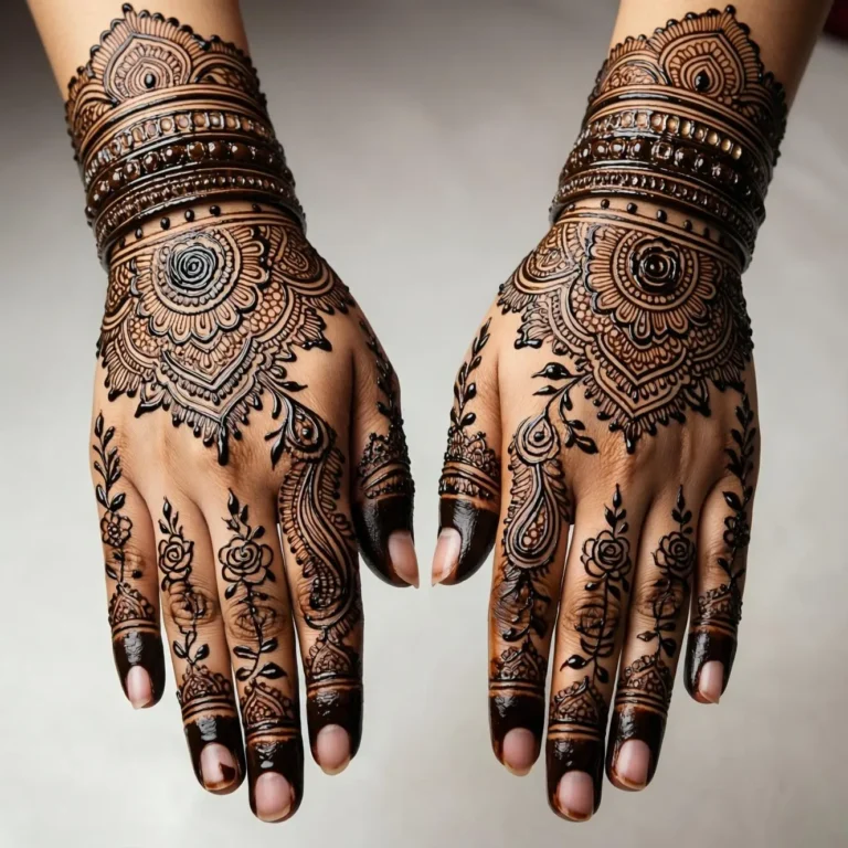 Bridal mehndi design with elegant jewelry pattern and floral henna artwork