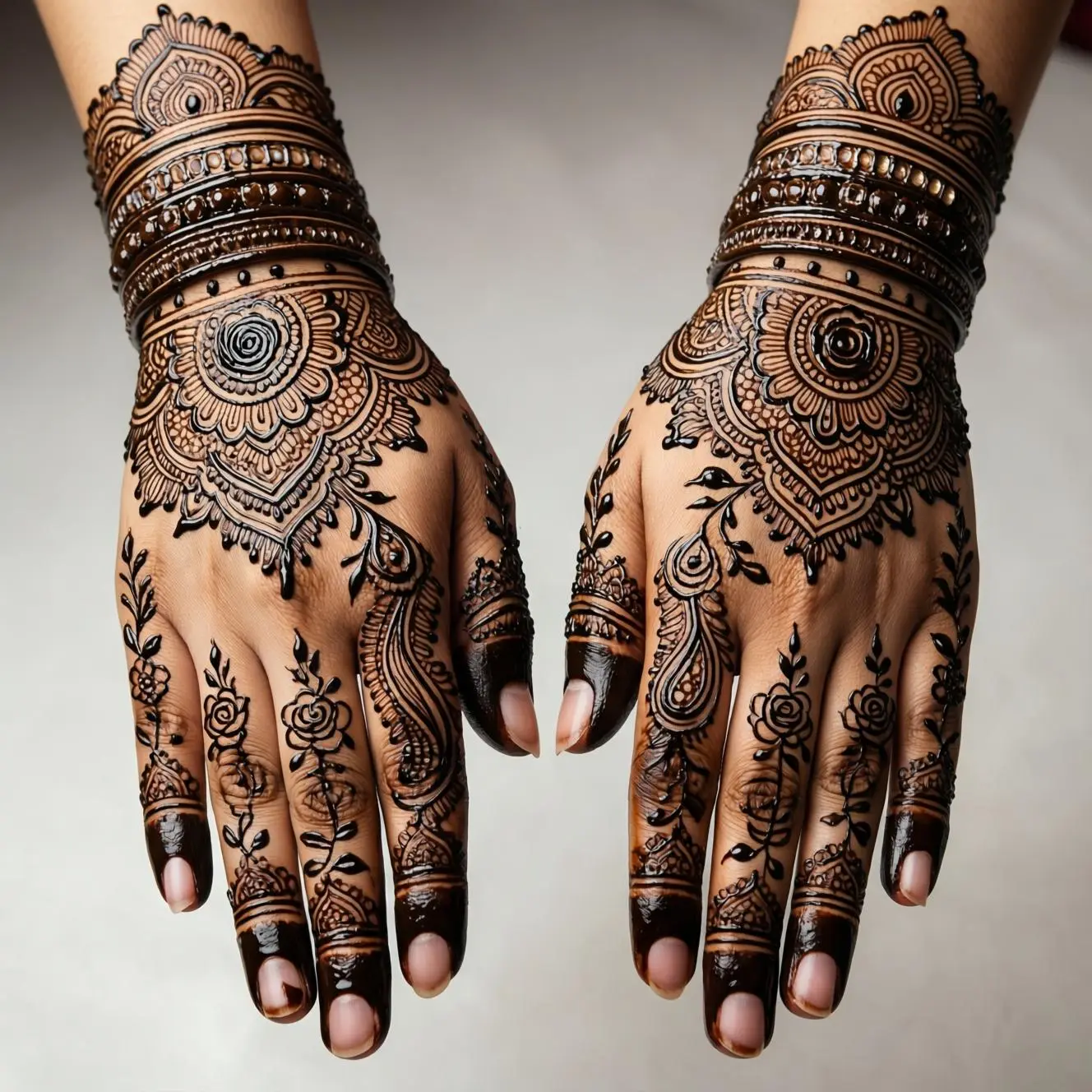 Bridal mehndi design with elegant jewelry pattern and floral henna artwork