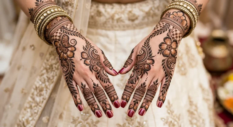 Bridal mehndi design with elegant leaf pattern and floral henna artwork