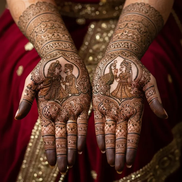 Modern luxury bridal mehndi design with intricate botanical and ornamental henna artwork