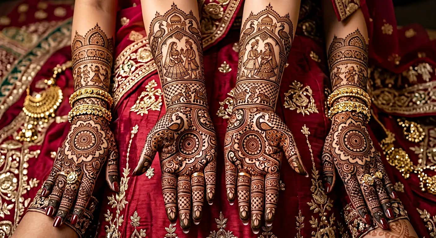 Beautiful Marwari bridal mehndi design featuring intricate wedding henna artwork