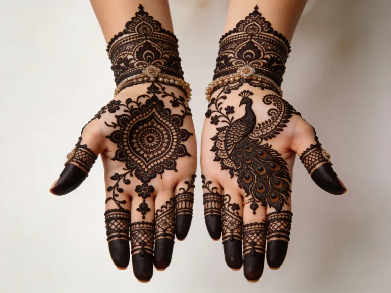 Bridal peacock pattern mehndi design with elegant floral henna artwork