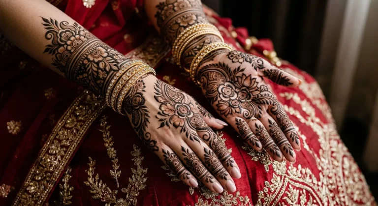 Latest bridal rose mehndi design with detailed floral and vine henna artwork