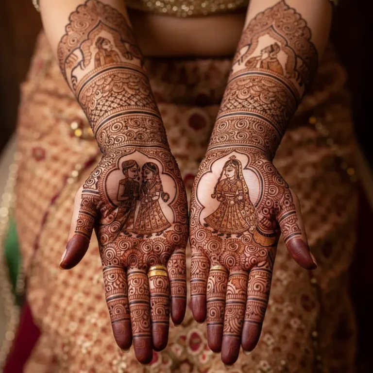 Beautiful bridal mehndi design featuring a royal look with intricate wedding henna artwork