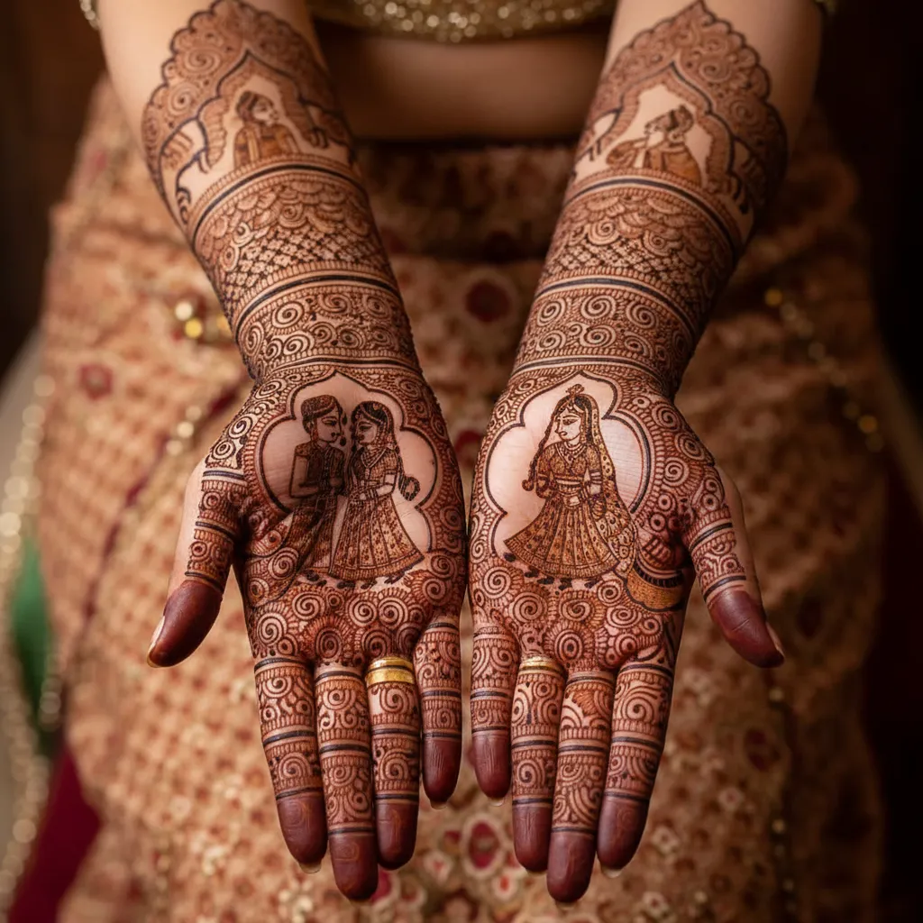 Beautiful bridal mehndi design featuring a royal look with intricate wedding henna artwork