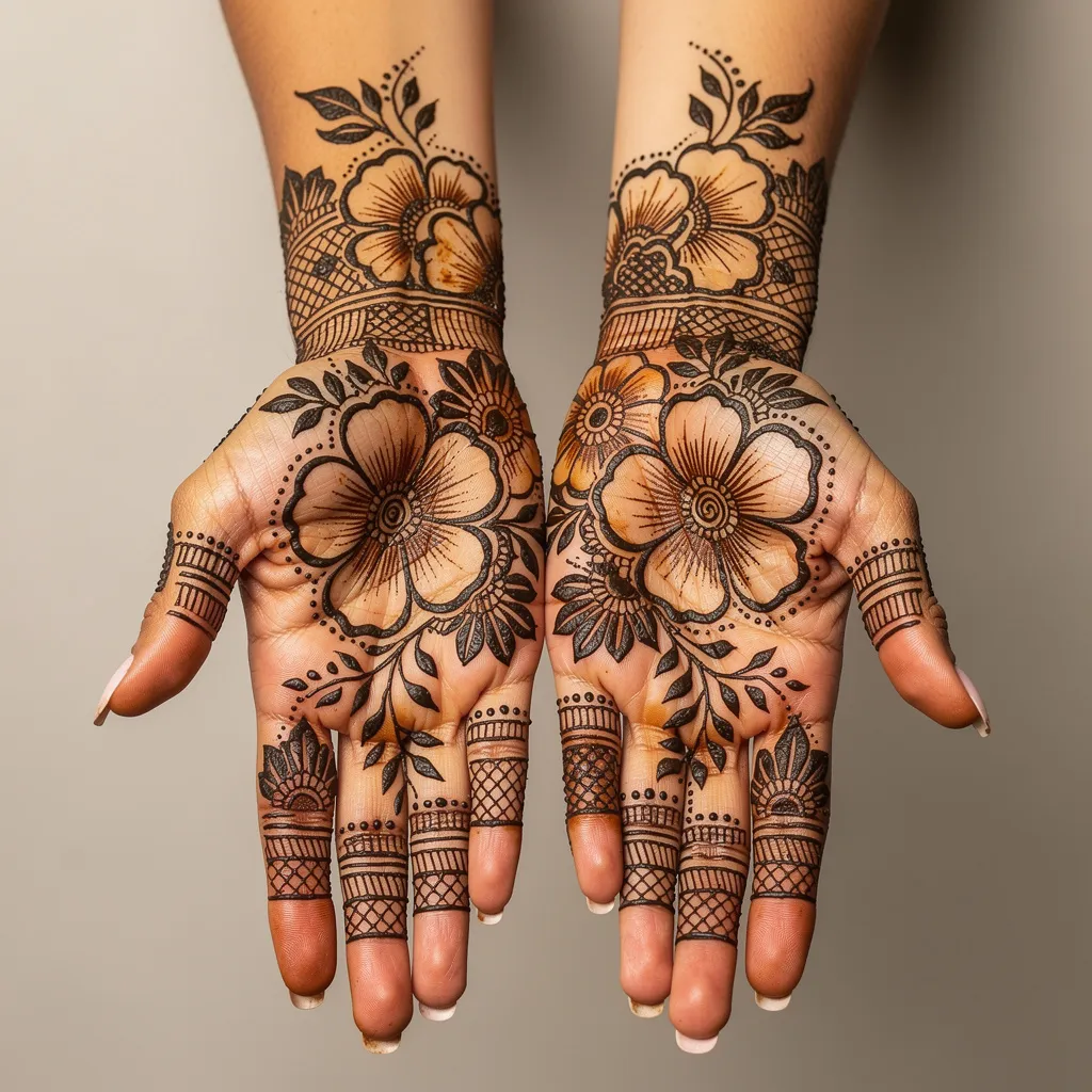 Modern simple bridal henna design featuring elegant flower and vine motifs