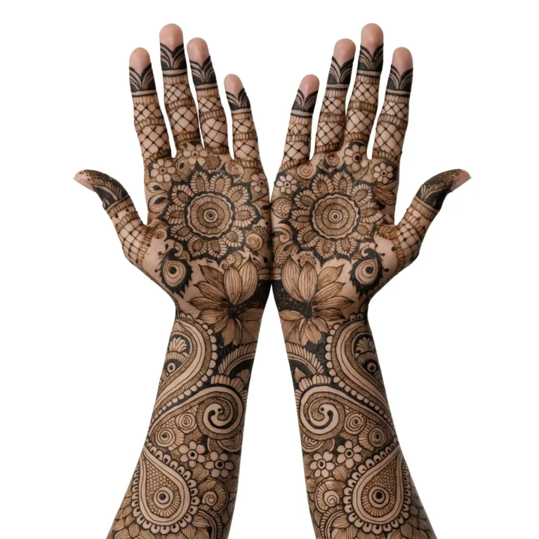 Traditional bridal henna design with intricate floral artwork for a stunning bridal look