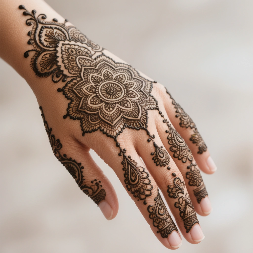 Stylish bold pattern Eid mehndi design with decorative floral details