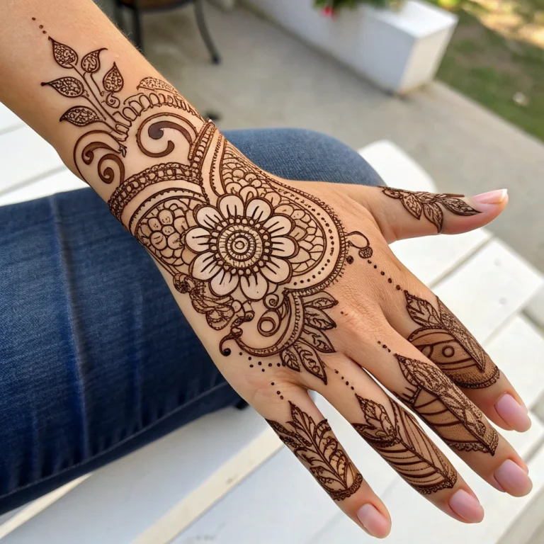 Festive Eid henna design with elegant chain pattern and floral motifs