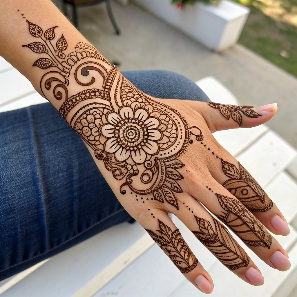 Festive Eid henna design with elegant chain pattern and floral motifs