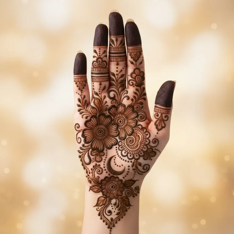 Beautiful Eid mehndi design featuring creative floral and leafy henna artwork