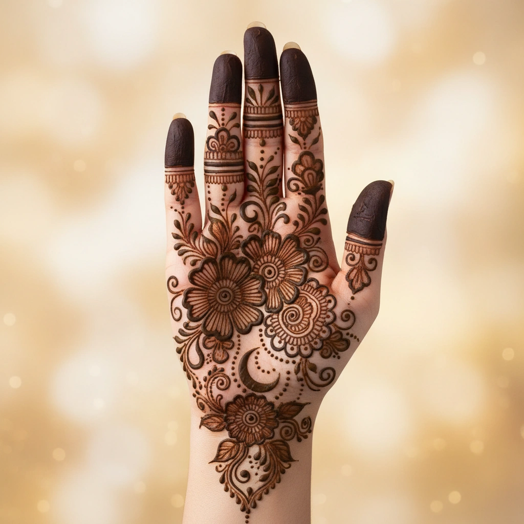 Beautiful Eid mehndi design featuring creative floral and leafy henna artwork