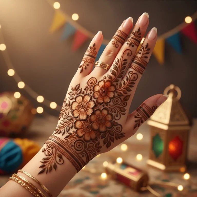 Beautiful easy Eid mehndi design featuring simple floral henna artwork