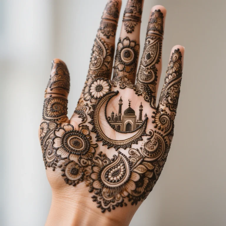 Stylish Eid ul Adha henna design with graceful floral and paisley patterns